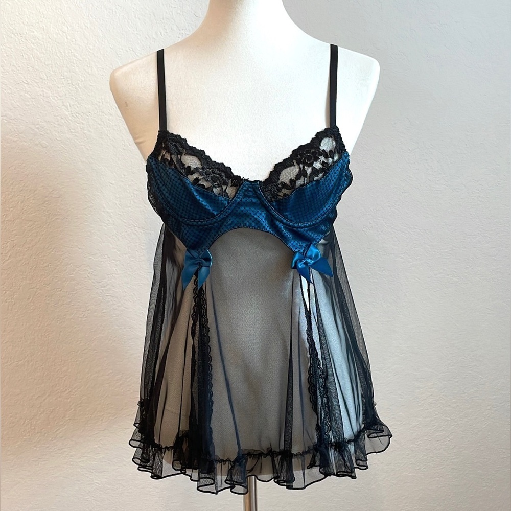 Shirley of Hollywood Black Lace Sheer Baby doll Lingerie Size Small